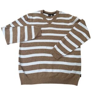 Hugo Boss Mens Large V-Neck Striped Sweater Brown Light Brown Long Sleeve Knit